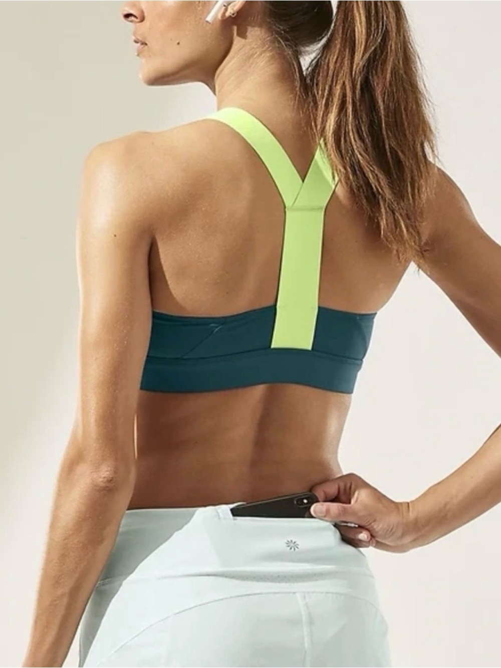 Athleta NWT Rise Up Teal Sports Bra with Neon Lime Strap Size XS